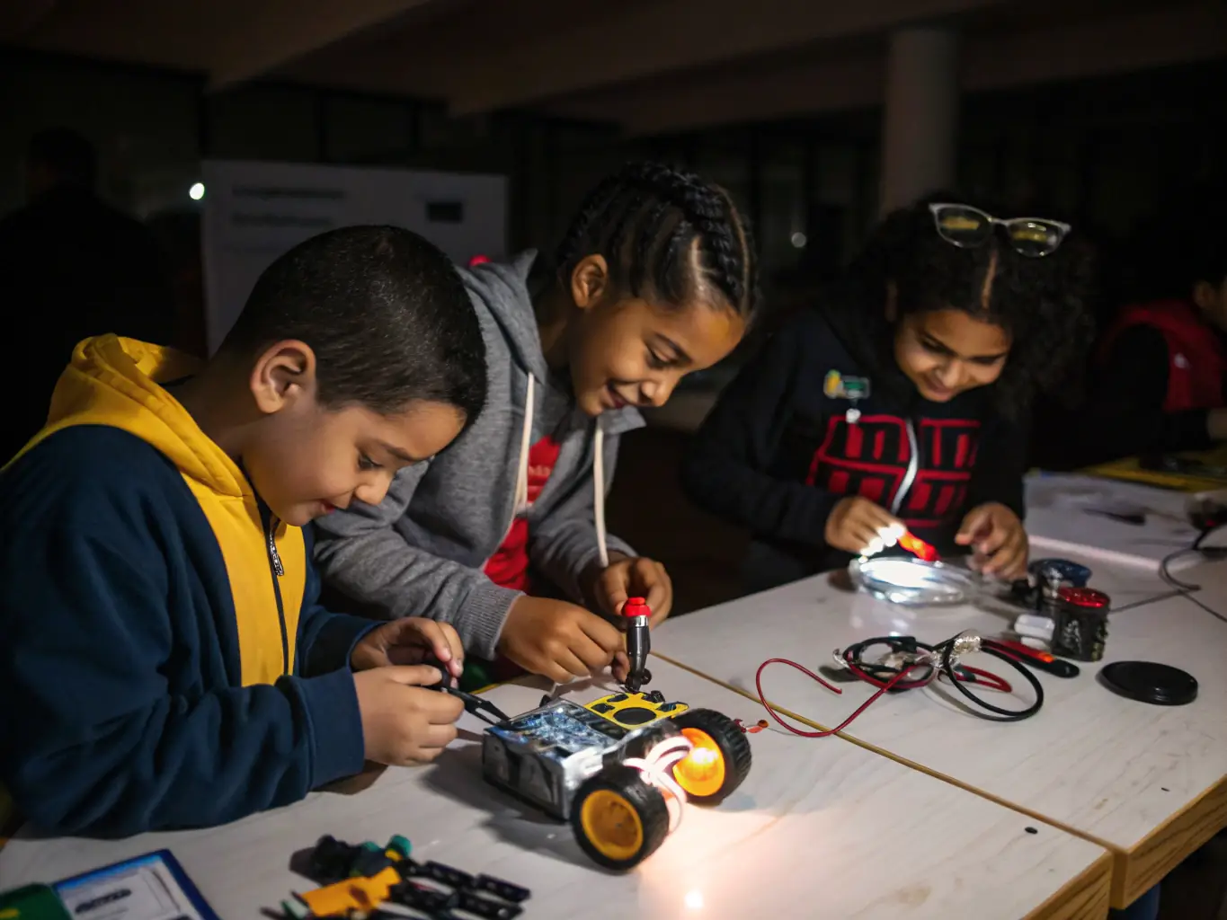 Students engaged in a STEM & Robotics workshop, assembling and programming a small robot.