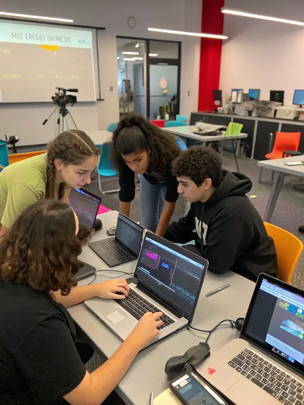 A diverse group of students collaborating on a web development project, showcasing Bytebridge's commitment to practical education.