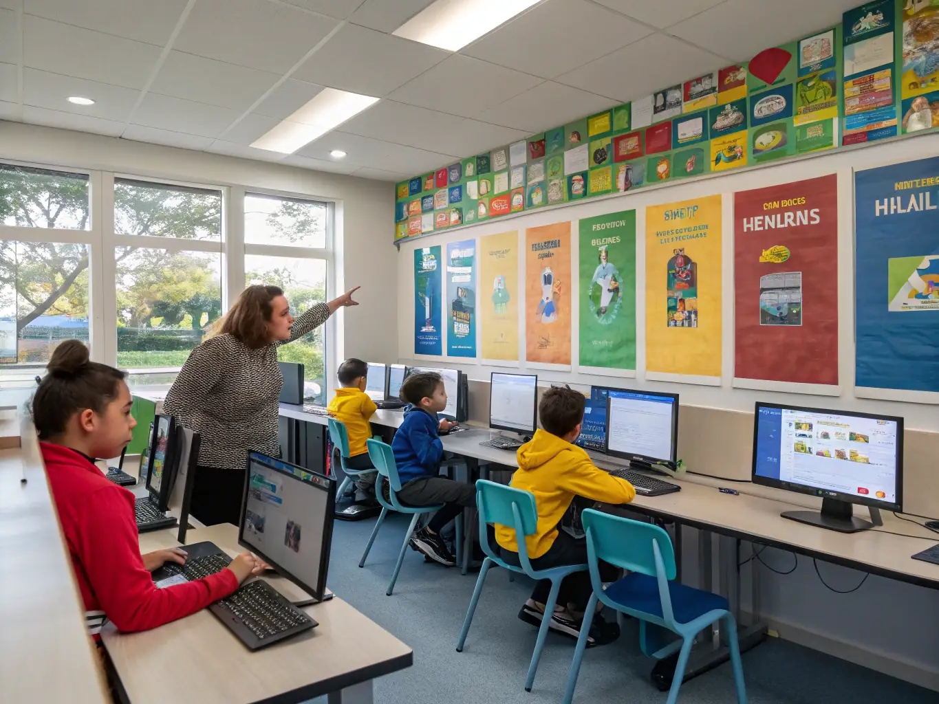 A classroom setting with students actively participating in an I.T. Fundamentals training session, focusing on basic computer skills and software applications.