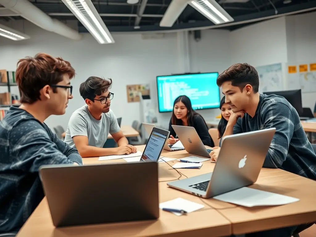 A group of students collaboratively coding on laptops during a web development class, showcasing Bytebridge Technology's hands-on approach to teaching modern web technologies.