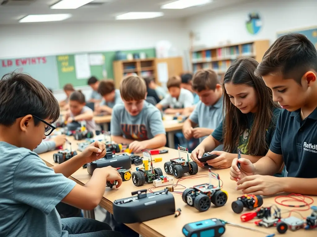 Enthusiastic children are building and programming robots in a Bytebridge Technology STEM & Robotics workshop, highlighting the company's focus on innovative education.