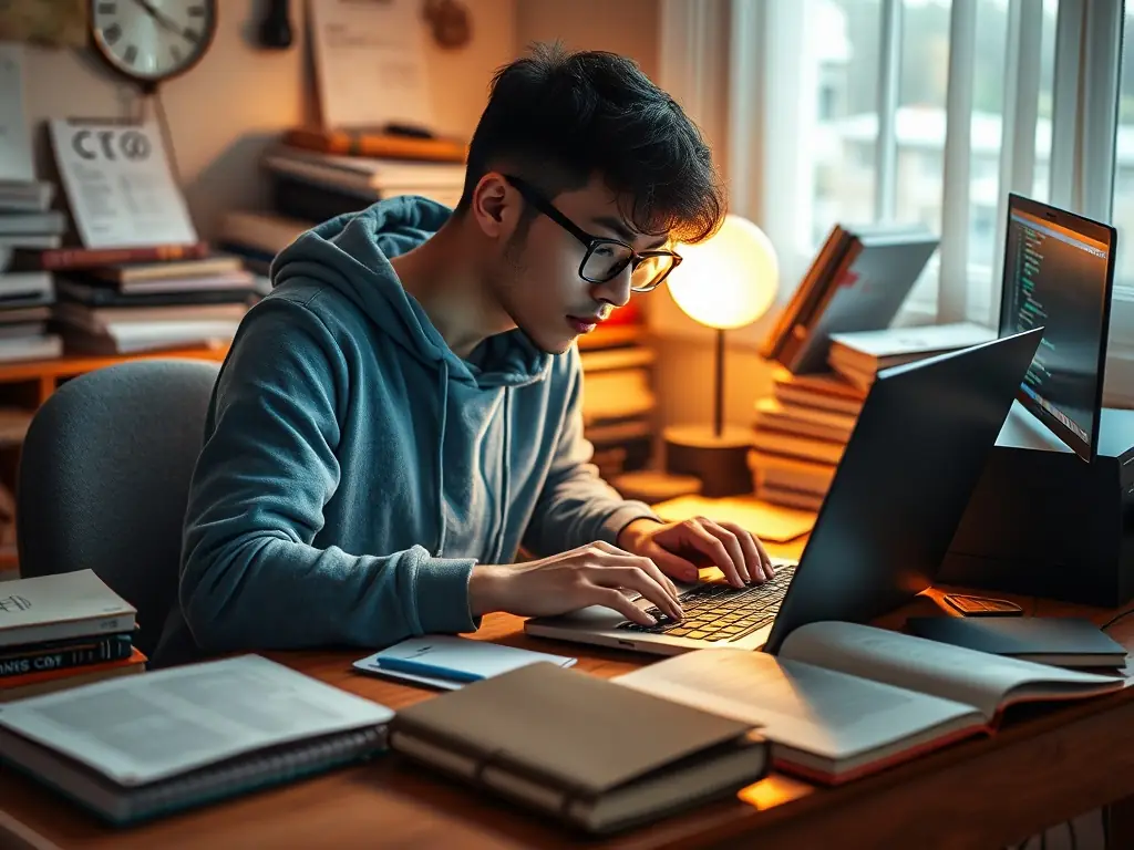 A focused student is deeply engaged in learning I.T. fundamentals, surrounded by computers and educational materials in a modern classroom setting, reflecting Bytebridge Technology's commitment to foundational tech skills.
